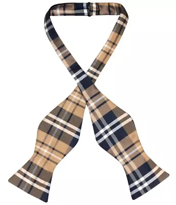 Vesuvio Napoli SELF TIE BowTie Navy Blue Brown White Color PLAID Mens Bow Tie • $14.95