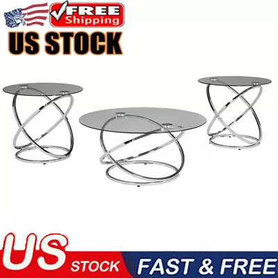 Occasional Table Set Contemporary Round 3-Piece Clear Tempered Glass Chrome New • $346.49