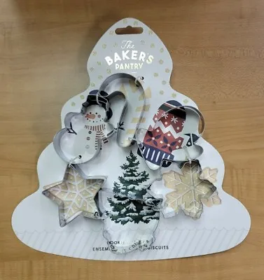 THE BAKER'S PANTRY Metal Cookie Cutters Set Of 6 Tree Star Mitten Snowman NEW • $9.99