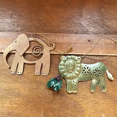 Lot Of 2 Sparkly Green Lion With Holly & Brushed Goldtone Elephant Metal Christm • $7.91