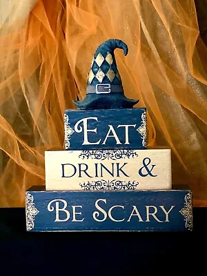  Eat Drink & Be Scary  Stacked Halloween Signage Decor Blocks • $29.95