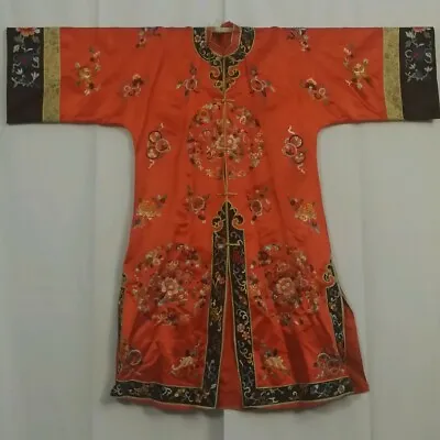 Fine Antique Chinese Qing Embroidery Red Black Silk Robe Flowers Symbols Panel • $899.49