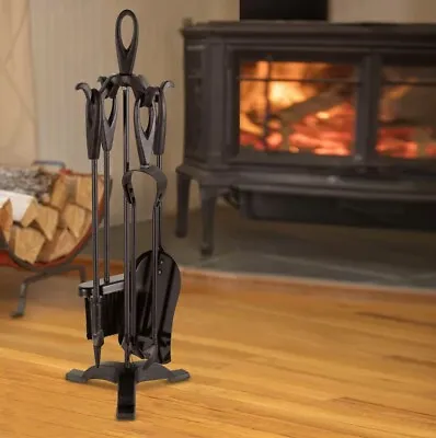 £23.99 • Buy Neo Black Fireplace Fireside Set Fire Tool Accessories Storage Rack With 5 Piece