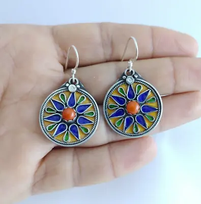 Kabyle Earrings Silver Coral Red Berber Jewelry Enamel Fashion Women Handcrafted • $48