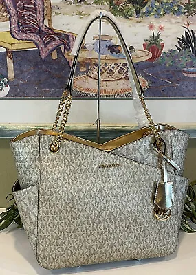 Michael Kors Jet Set Travel Large X Chain Shoulder Tote Bag Mk Pale Gold Logo • $126.99