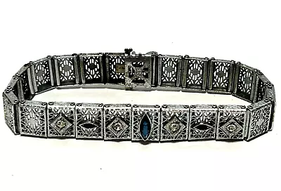 Vintage Art Deco Rhodium Plated Blue Clear Rhinestone Filigree Bracelet 7” • $18.99