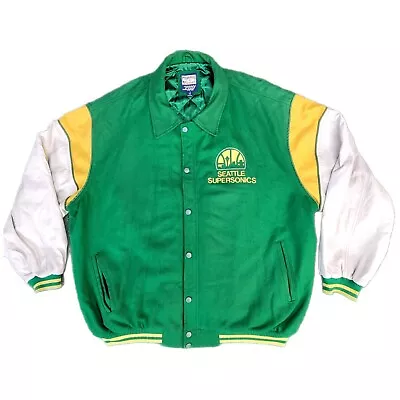 Seattle Sonics Jacket Vtg Leather Wool Letterman Varsity Supersonics 2XL Vintage • $120