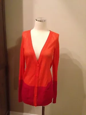 Anthropologie Moth Pink Orange Eyelet V Neck Cardigan Color Block Sweater M • $39.95