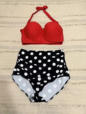 Womens Size Large Swimsuit Cherry Polka Dot Retro High Waisted Bikini Size 5XL • $18.99