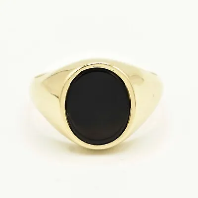 Oval Black Onyx Shiny Signet Ring Real Solid 10K Yellow Gold  • £197.09