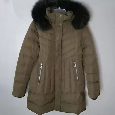 Vince Camuto Down Coat Womens L Brown Heavy Winter Parka Fur Hood Midi Feather • $56.99