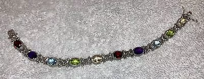 Vintage Sterling Silver Multi Color Stone Rainbow Tennis Link Bracelet PAJ Nice • $0.99