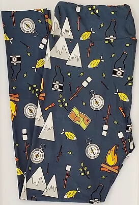 OS LuLaRoe One Size Leggings Camp Fire Mountains Compass Boyscout Map Fish  R31 • $16.74
