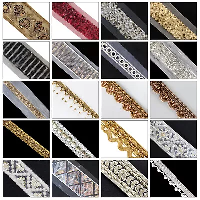 4 M Metallic Gold / Silver New Indian Cutwork Zari Stone Sari Dupatta Lace Trim • £4.25