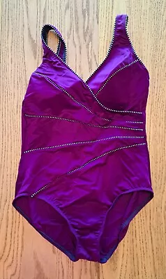 MIRACLESUIT Purple/White Dash Lines One Piece Swimsuit US 14 UK 16 • £23.74