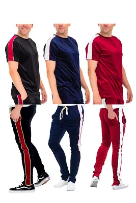 Men's Casual Lounge Velour Velvet Track Set Shirt And Track Pants With Stripe • $14