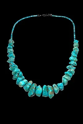 Vintage Santo Domingo Sterling Silver Natural Turquoise Beaded Heishi Necklace • $174.99