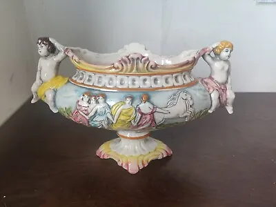 Antique Large Capodimonte Vase Footed Centerpiece Bowl Putti Handles & Horses • £90