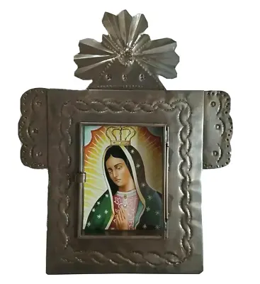 Mexican Tin Nicho Virgin Of Guadalupe Santo Glass Box Wall Art Large Bronze 12in • $52