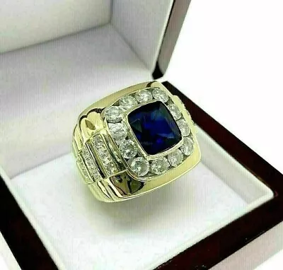 5Ct Cushion Lab Created Sapphire & Diamond Men's Ring 14K Yellow Gold Plated • $189.99