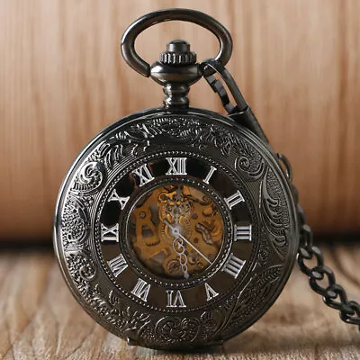 Antique Men Automatic Mechanical Pocket Watch With Chain Roman Numeral Display • £21.11