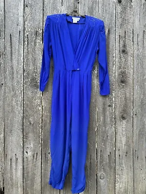 Vintage Pantasia Jumpsuit Royal Blue Rhinestones 1980s VTG Sz 16 (S/M) *413 • $47