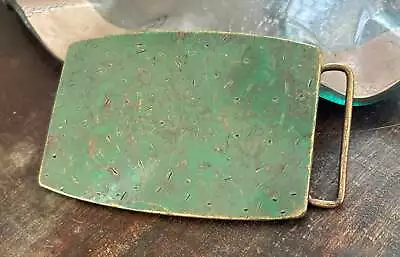 Vintage Large Turquoise Brass Belt Buckle - Patina - Rectangle Engraved Western • $30