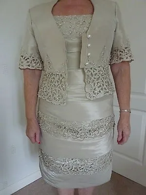 Brand New Ian Stuart Mother Of Bride Silk Dress & Jacket Outfit Sze 16 In Oyster • £280
