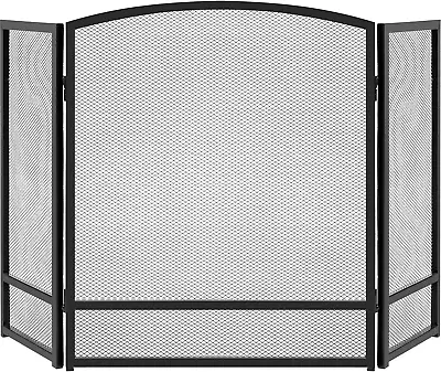  3-Panel Simple Steel Mesh Fireplace Screen W/Rustic Worn Finish - Black • $50.85