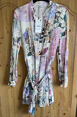Zara Floral Bird Print Linen Blend Belted Shirt Dress Size L Large Bnwt • £45