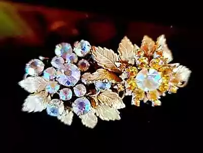 Miriam Haskell Brooch Goldtone Leaves Clear Amber Colored Rhinestones Signed • $159