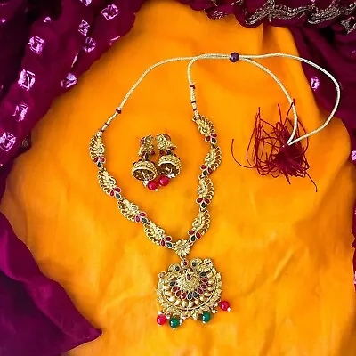 $32 • Buy Gold Temple Necklace With Matching Earrings  For Women Indian Jewellery