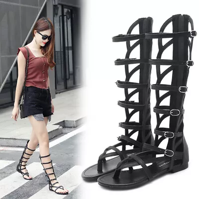 Summer Women Roman Flat Knee High Peep Toe Shoes Gladiator Sandals Sexy Shoes • $52.13