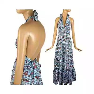 Vintage Blue Check Cotton Gingham Dress Rose Print 70s Halter Maxi Dress • $94