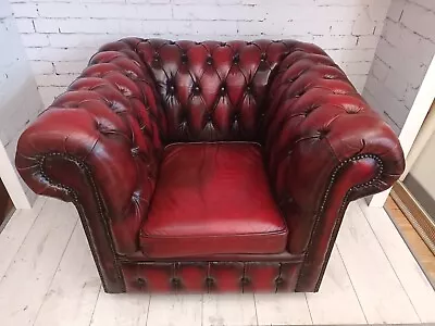 Vintage Chesterfield Real Leather Antique Oxblood Red Club Chair Lounge Armchair • £350