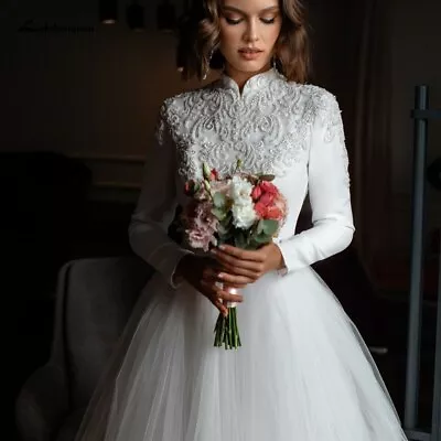 Muslim Wedding Dresses High Neckline Long Sleeves Lace Beaded A Line Bridal Gown • $148.90