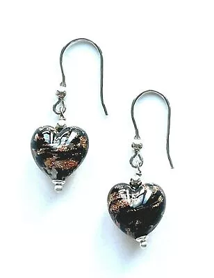 Murano Glass Black And Gold Foil Puffed Heart Silver Plated Earrings • $30