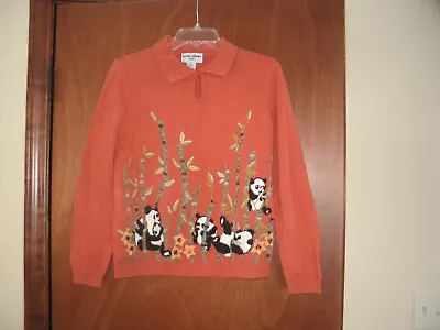 Vtg Alfred Dunner Embroidered Panda Bears Bamboo Sequin Beads Loop Sweater Pl • £27.96