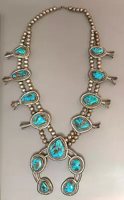 Fab Vintage Southwest Navajo Sterling Silver Turquoise Squash Blossom Necklace • $949