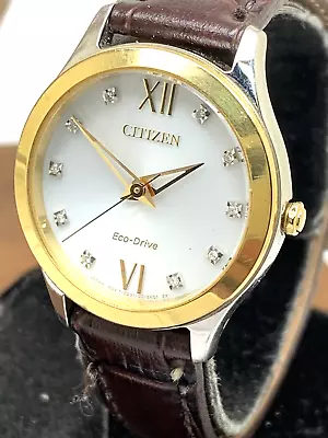 Citizen Women's Watch EM1018-24A Eco Drive Silver Dial Gold Brown Leather Strap • $89.09