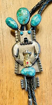 Vintage Lg John Larson Navajo Sterling Silver Large  Kachina Turquoise Bolo Tie • $598