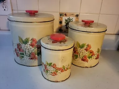 VTG Set/3 Pentron Strawberry Patch Nesting Tin FarmHouse Kitchen Canisters... • $15