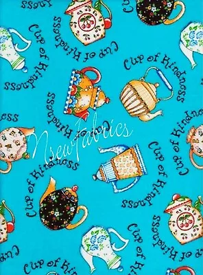Rare - Mary Engelbreit Fabric Cup Of Kindness Large Blue Teapot Cotton Quilt -FQ • $8.99