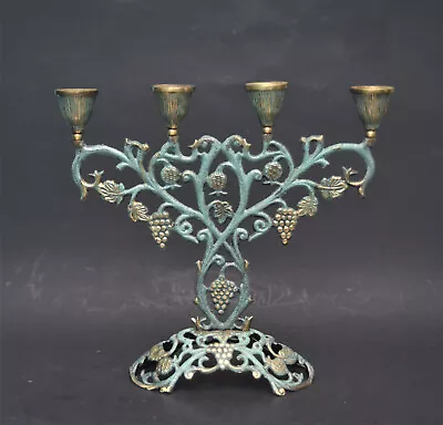 Vintage Cast Iron 4 Candle Candelabra Brass Turquoise Gilt Paint Grape Leaves • $45