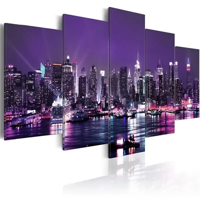 New York City Purple Lights 5 Pieces Canvas Print Wall Art Home Decoration • $161.80