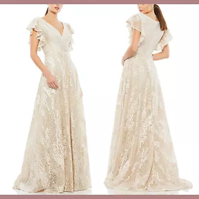 NWT $798 Mac Duggal [ 16 ] Embroidered Flutter Sleeve V-Neck Gown Ivory #G1311 • $359.99