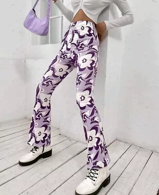 £14.95 • Buy Womens Size 6-8 UK Purple Floral Retro Flared Trousers Brand New XS Hippie 70s