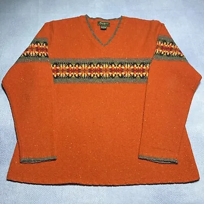 Eddie Bauer 100% Lambs Wool Orange Fair Isle V-Neck Pullover Sweater Size Large • $24.25