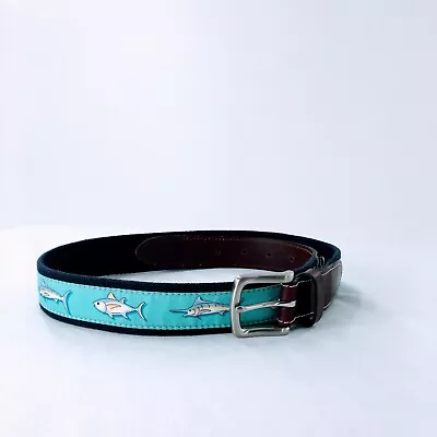 Vineyard Vines Mens Canvas Club Belt Blue Sailfish Tuna Ribbon Leather Tab Sz 32 • $20