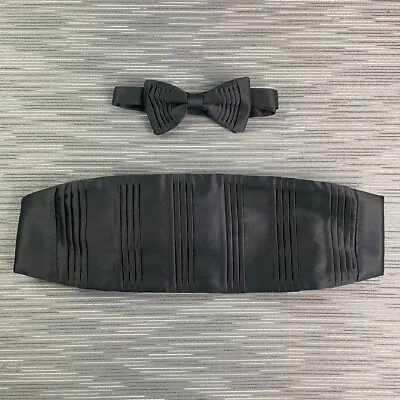 Men's Black Heavy Pleated Cummerbund And Bow Tie Polyester Adjustable • $14.99